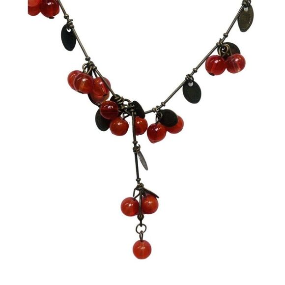 Vintage Cherry Red Ball Beaded Brass Y-Drop Layered Statement Necklace Set 28” - Picture 3 of 5
